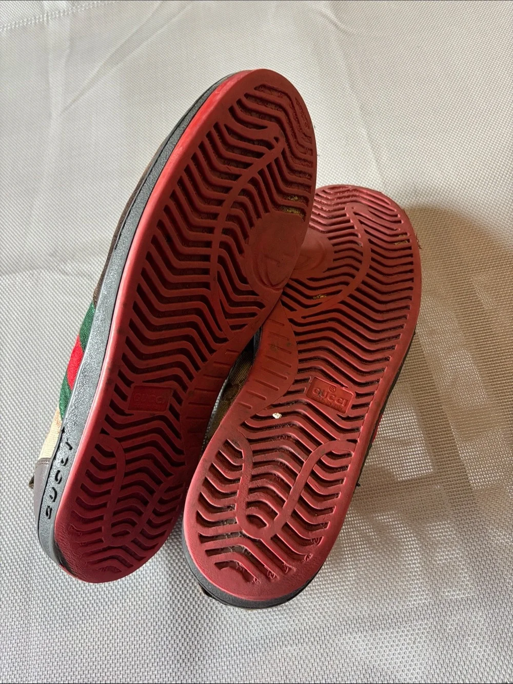 Gucci Brown leather & Beige GG Canvas Sneakers with Green and Red Stripe mns 10